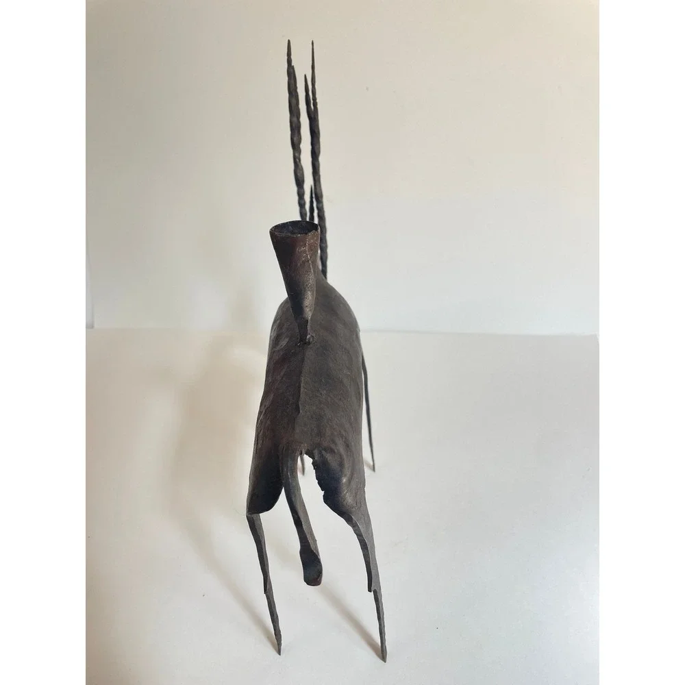 Vintage Brutalist Wrought Iron Gazelle Antelope Candle Holder Folk Art Sculpture